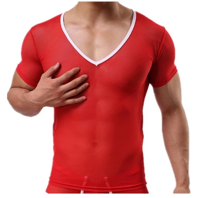 Wholesale Male Sexy Mesh Transparent V-neck Basic Tee UnderShirts